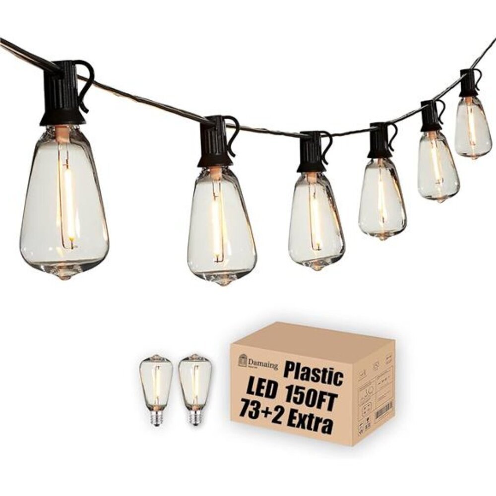 Outdoor String Lights 150 FT Patio Lights String with 75 Dimmable ST38 Plastic